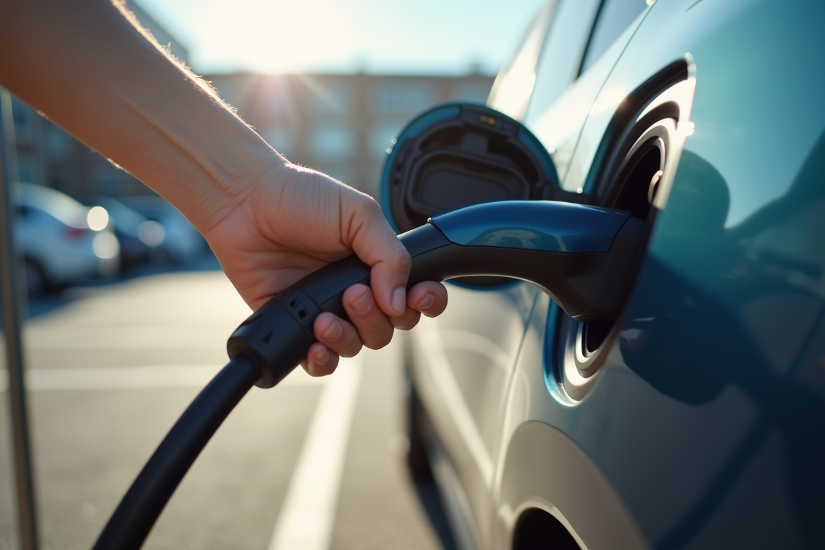 Main connectant un câble de charge électrique dans un parking urbain