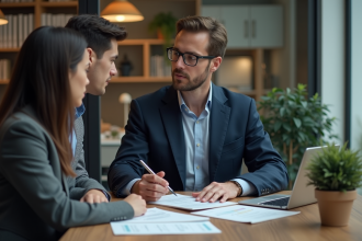 Conseiller financier expliquant documents à un couple