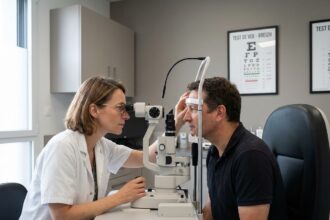 Ophtalmologue examinant un patient avec une lampe à fente dans un cabinet médical breton moderne