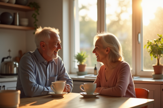Couple d'âge moyen partageant un café au matin