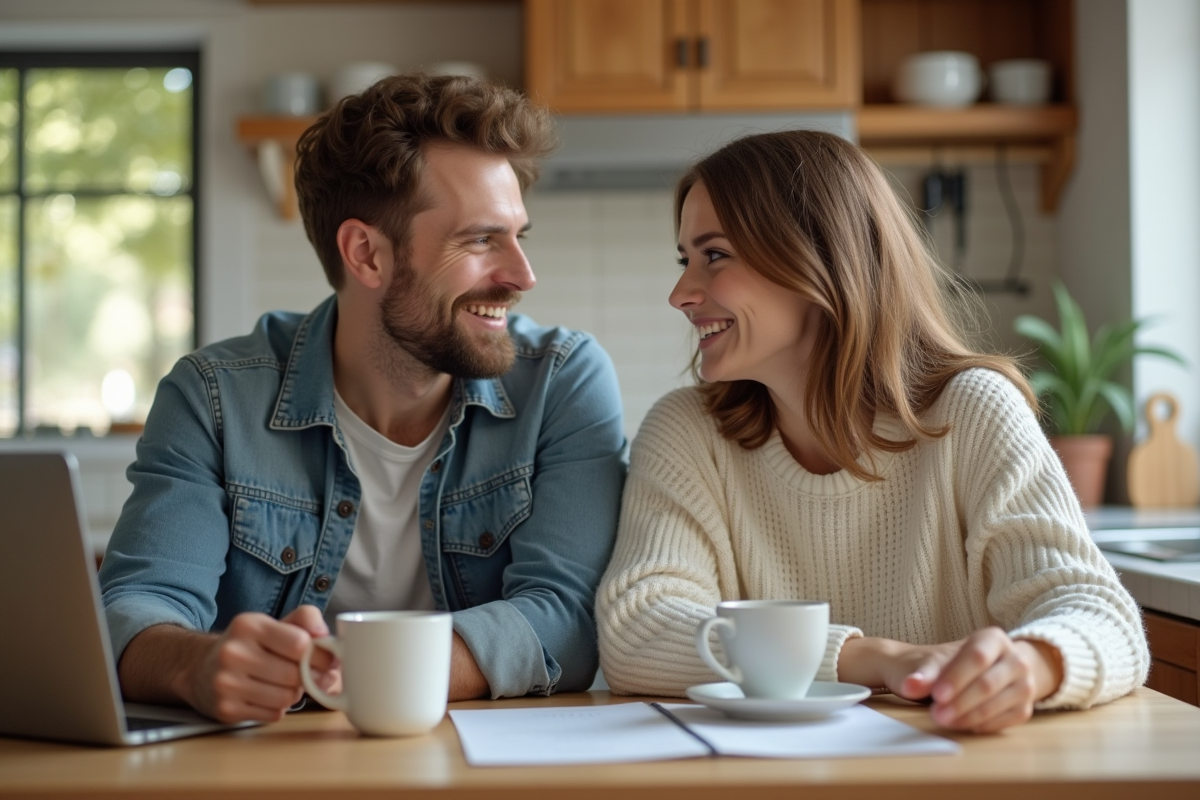 Jeune couple discutant de refinancement à la cuisine en souriant