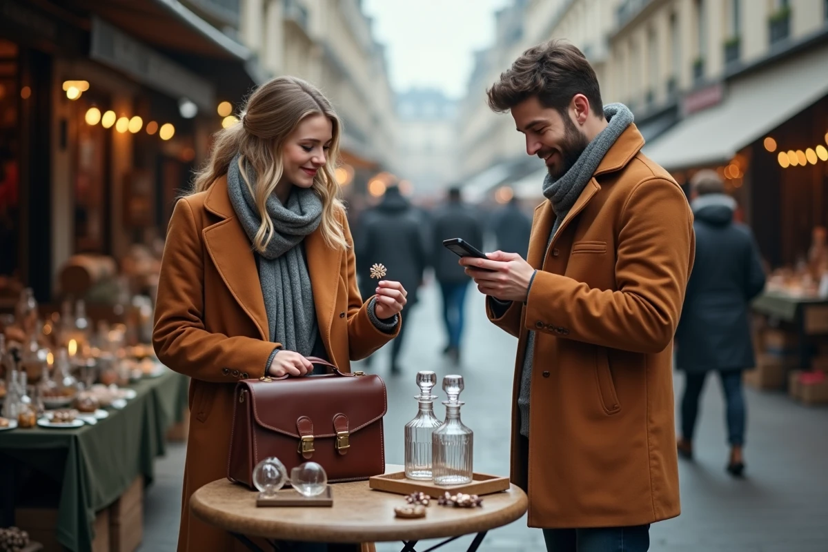 Couple inspectant des objets vintage dont une mallette en cuir et des carafes art déco aux puces de Vanves