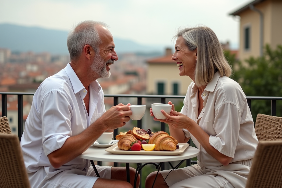 Couple décontracté dégustant un petit déjeuner à Lyon