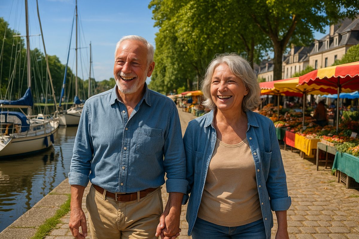 Couple retraité heureux se promenant le long du canal à Redon
