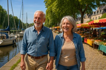 Couple retraité heureux se promenant le long du canal à Redon