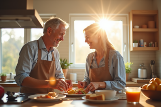Couple souriant préparant le petit déjeuner dans une cuisine lumineuse