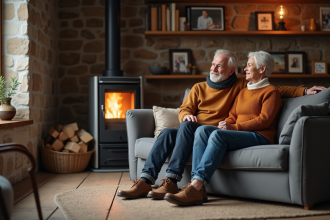 Couple assis près d’un poêle à pellets dans un salon chaleureux