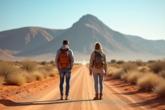 Couple de touristes sur une route de savane en Namibie