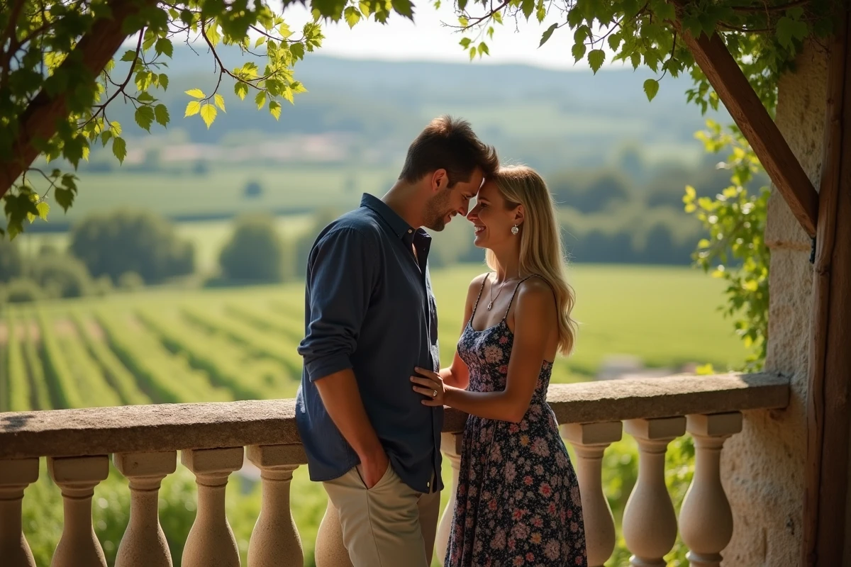 Couple complice sur une terrasse provençale face aux vignes, illustrant la vie amoureuse et sentimentale dans l'univers de Thomas Dutronc