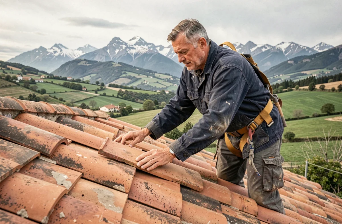 Couvreur professionnel posant des tuiles en terre cuite sur un toit en pente avec les montagnes des Pyrénées-Atlantiques en arrière-plan