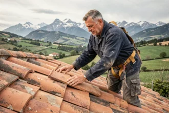 Couvreur professionnel posant des tuiles en terre cuite sur un toit en pente avec les montagnes des Pyrénées-Atlantiques en arrière-plan