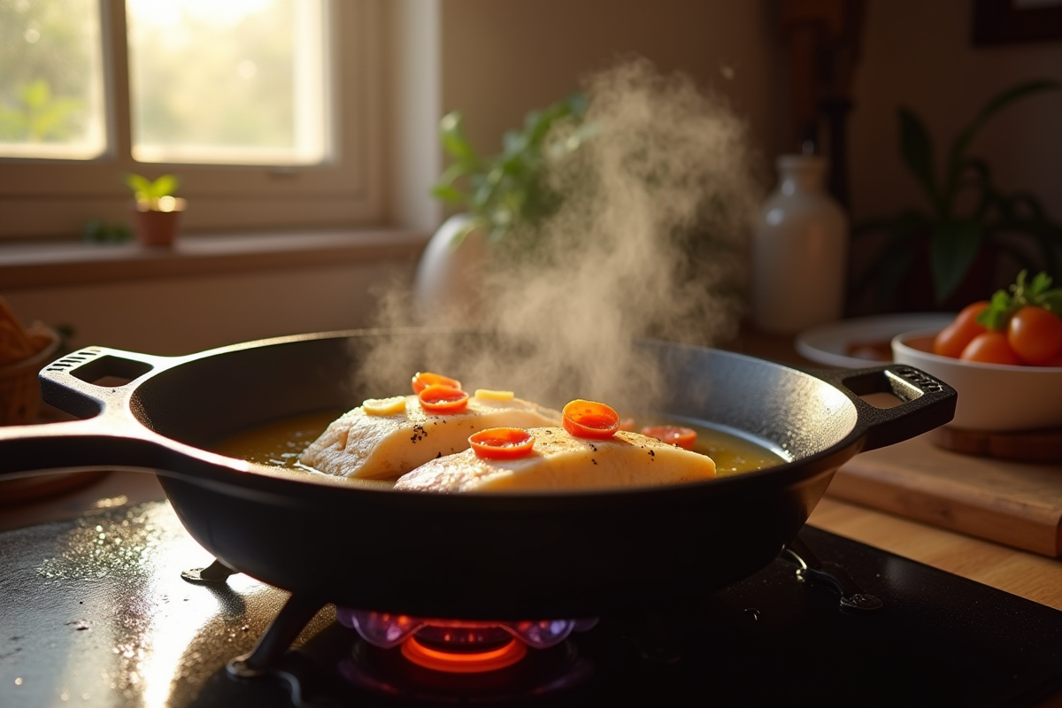 Poisson de cod en cuisson dans une cuisine chaleureuse