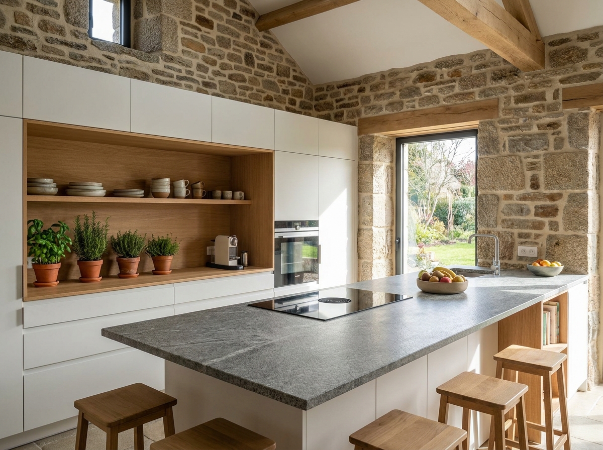 Cuisine contemporaine sur mesure avec caissons blancs et mur en pierre bretonne dans une maison à Vannes
