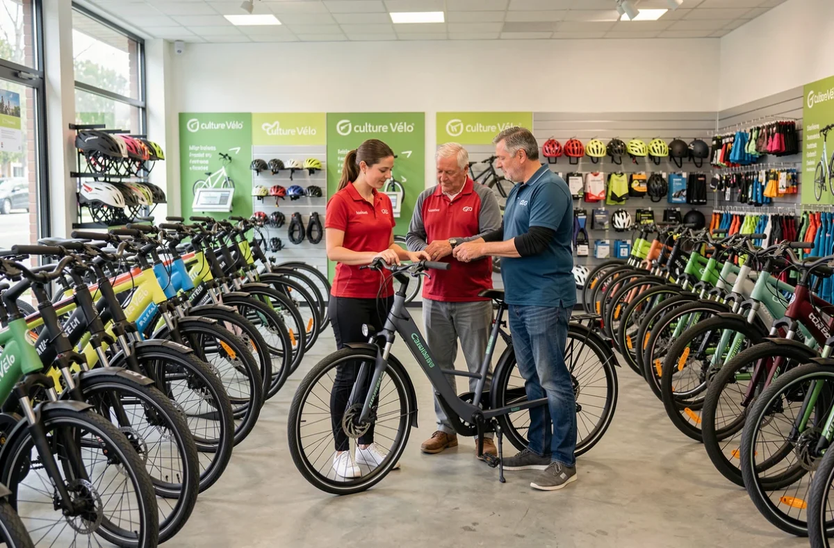 Conseillère de vente aidant un couple à choisir un vélo électrique chez Culture Vélo Amiens