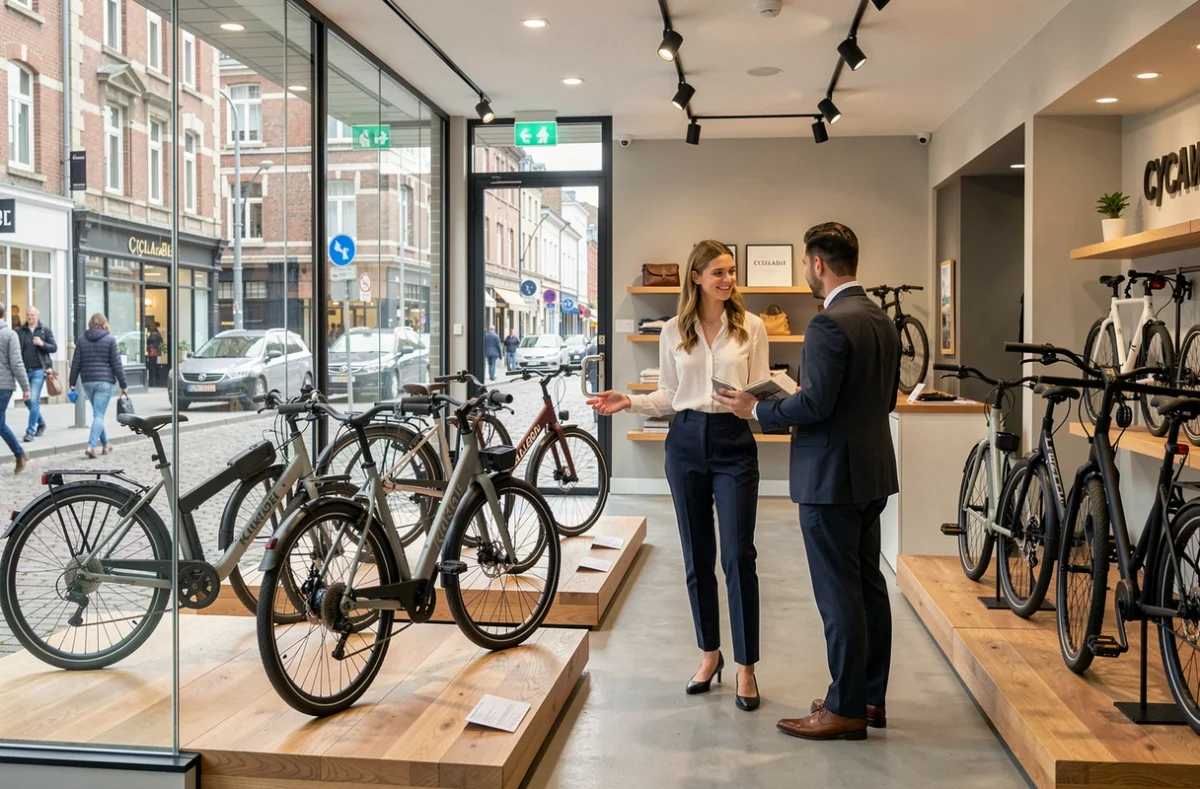 Conseillère de la boutique Cyclable Lille présentant un vélo électrique haut de gamme à un client