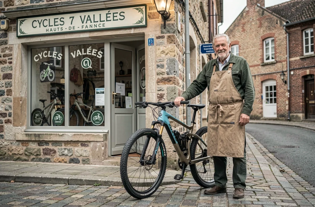 Propriétaire de Cycles 7 Vallées posant devant sa boutique avec un vélo électrique tout-terrain