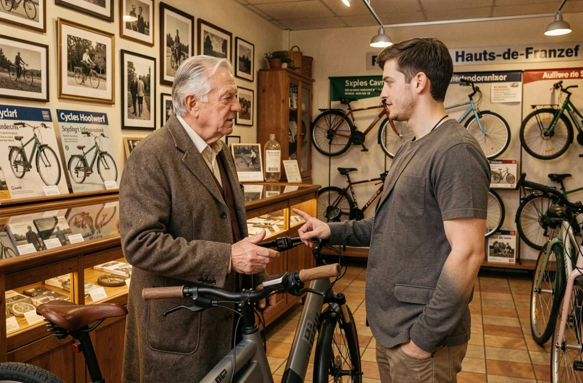 Propriétaire de Cycles Hoolwerf conseillant un client sur un vélo électrique hybride dans la boutique familiale
