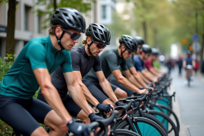 Groupe de cyclistes urbains vérifiant leur itinéraire sur smartphone