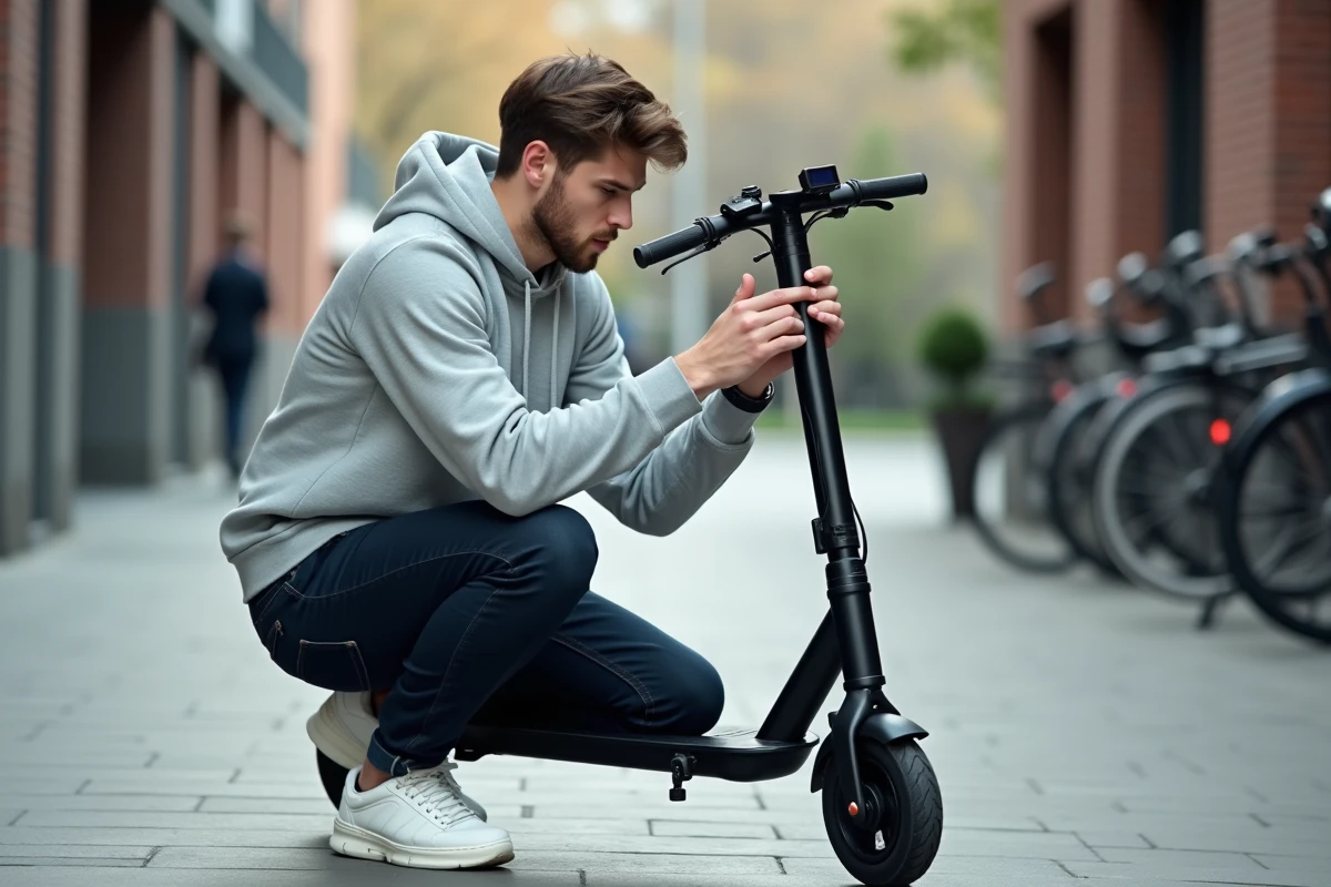 Homme examinant le tableau de bord d'une trottinette électrique noire sur un trottoir urbain