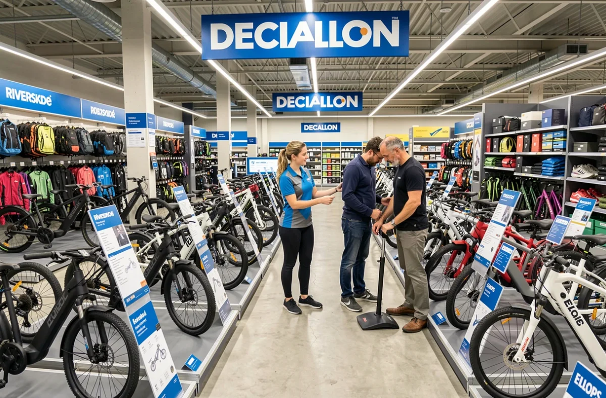 Employée Decathlon conseillant un client dans le rayon vélos électriques d'un magasin des Hauts-de-France
