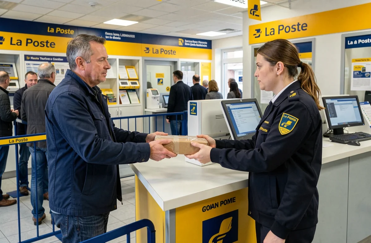 Client déposant un colis de retour au guichet d'un bureau de La Poste en France
