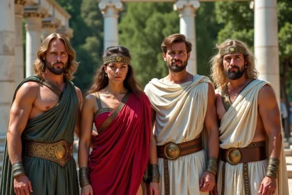 Quatre adultes en costumes romains représentant Vulcan Mars Jupiter Neptune en extérieur