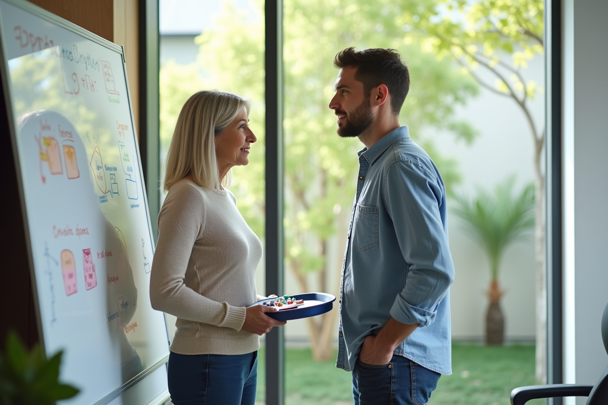 Un jeune homme discute avec une collègue devant un tableau