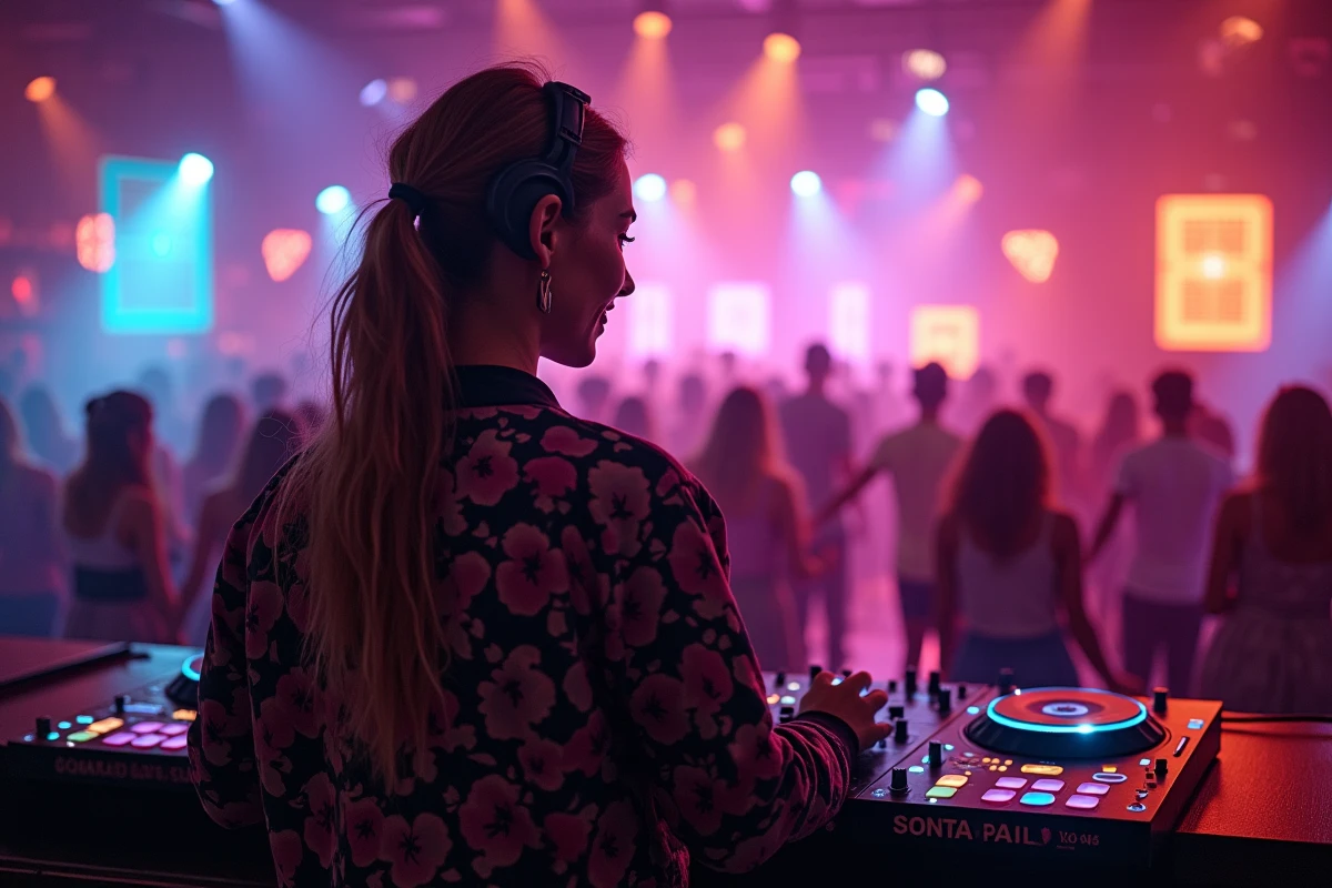DJ femme souriante mixant en club vibrant