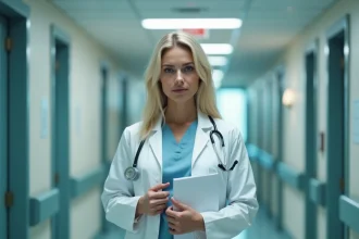 Médecin femme blonde en blouse blanche dans un couloir d'hôpital tenant un dossier médical, regard pensif évoquant le départ d'un personnage médical emblématique