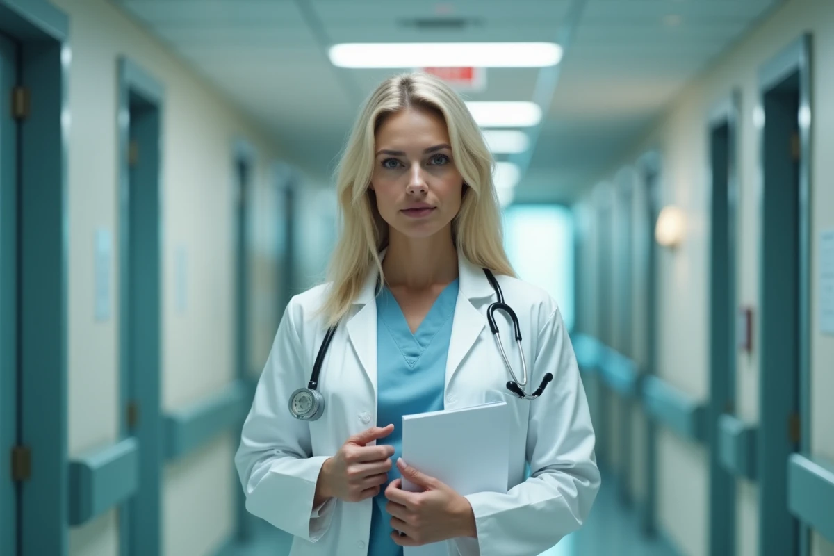 Médecin femme blonde en blouse blanche dans un couloir d'hôpital tenant un dossier médical, regard pensif évoquant le départ d'un personnage médical emblématique