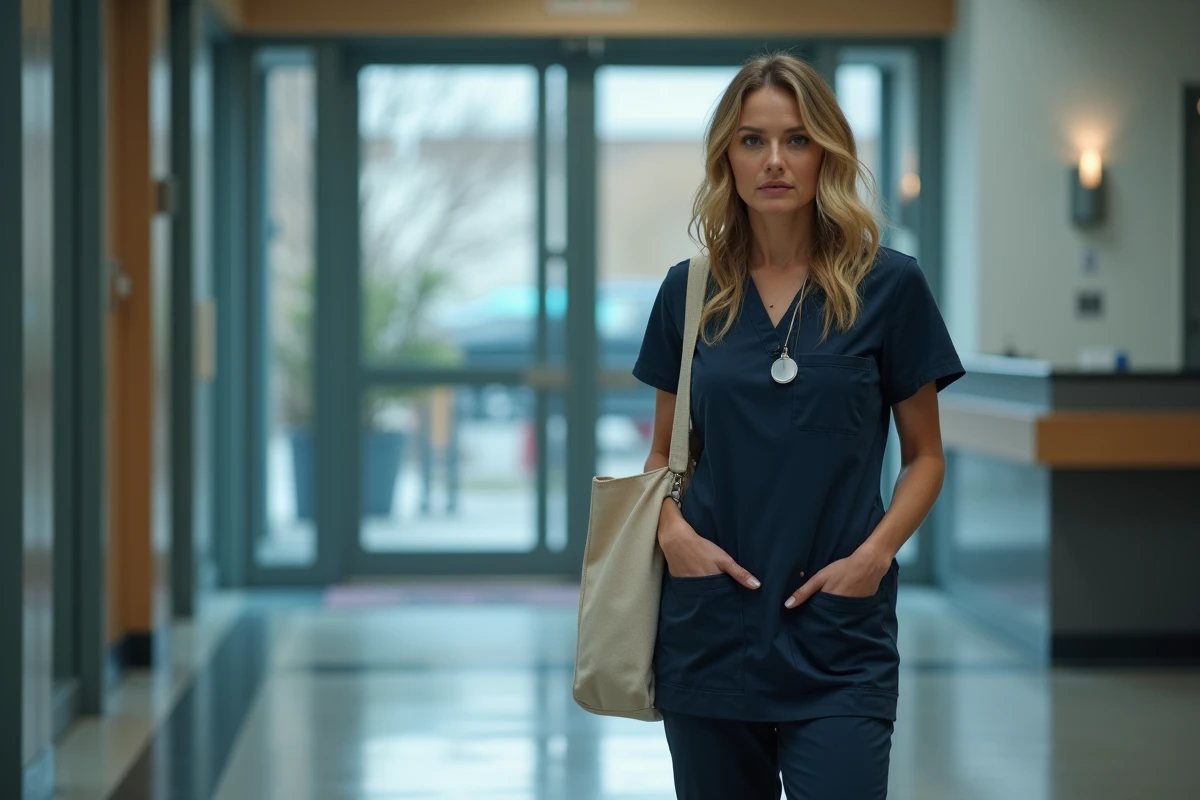 Femme médecin en tenue de bloc près d'une entrée d'hôpital avec sac à l'épaule, symbolisant le retour et le départ du personnage de Dr Cameron dans son arc narratif