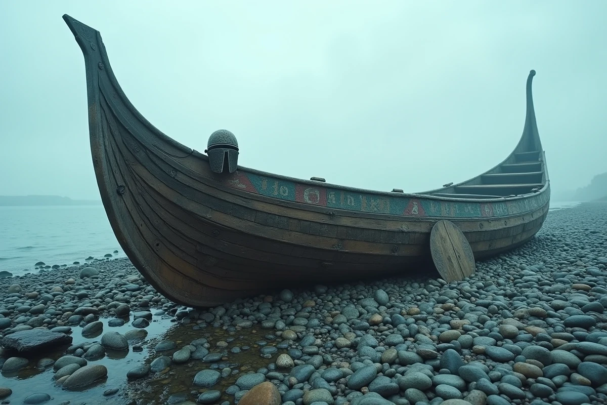 Drakkar viking échoué sur un rivage de galets avec casque et bouclier abandonnés, symbolisant la fin du règne de Bjorn Ironside