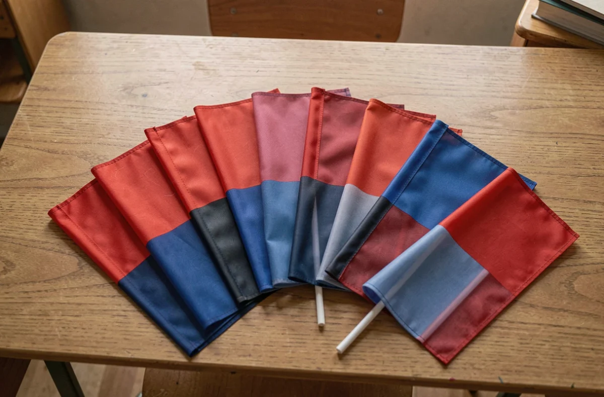 Petits drapeaux bleus et rouges disposés en éventail sur une table en bois, vue de dessus