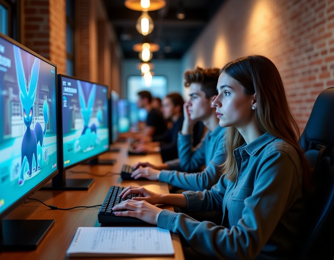 Deux joueurs compétitifs analysant une stratégie Noctali sur Pokémon Showdown dans un gaming café