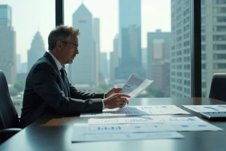 Économiste analysant des graphiques de développement économique dans un bureau moderne avec vue sur une skyline urbaine