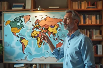 Économiste pointant une carte du monde avec des routes commerciales illustrant la dotation factorielle et la spécialisation internationale