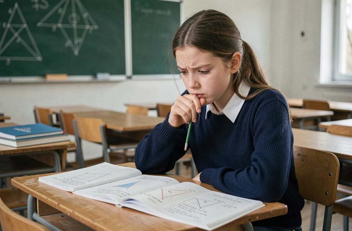 Élève adolescente perplexe face à un exercice de géométrie sur le volume d'un triangle dans une salle de classe