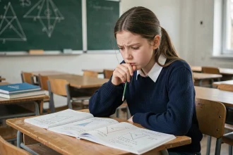Élève adolescente perplexe face à un exercice de géométrie sur le volume d'un triangle dans une salle de classe