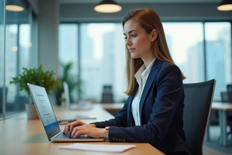 Femme professionnelle consultant un site d'enregistrement de noms de domaine sur un ordinateur portable dans un bureau moderne