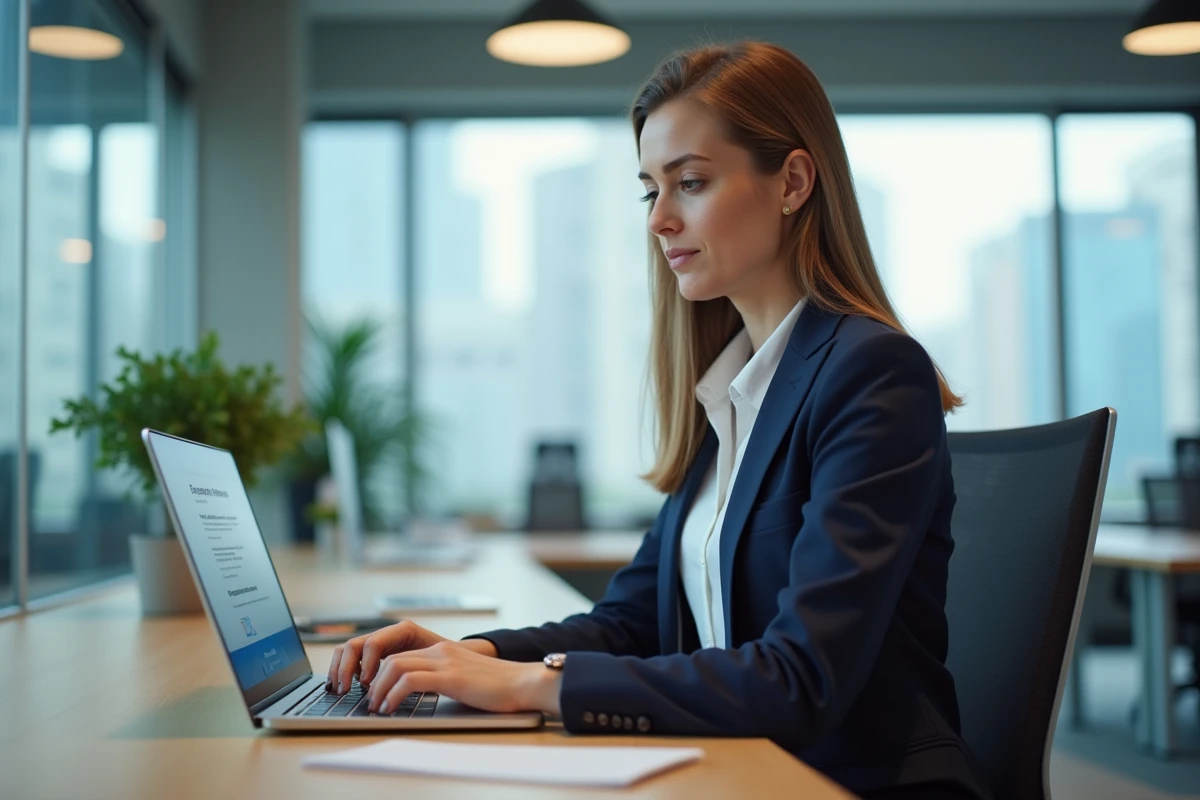 Femme professionnelle consultant un site d'enregistrement de noms de domaine sur un ordinateur portable dans un bureau moderne