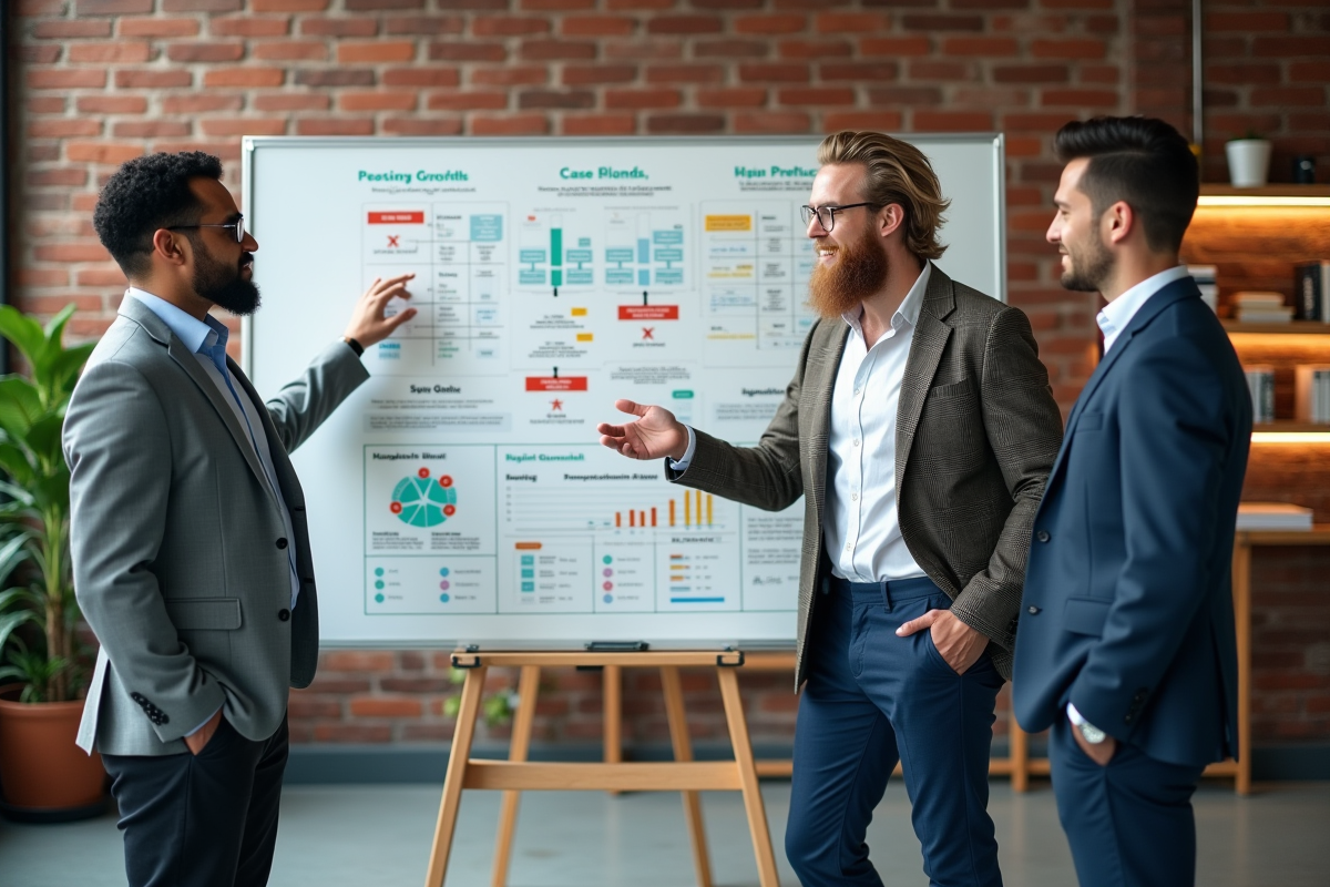 Groupe de professionnels discutant devant un tableau blanc