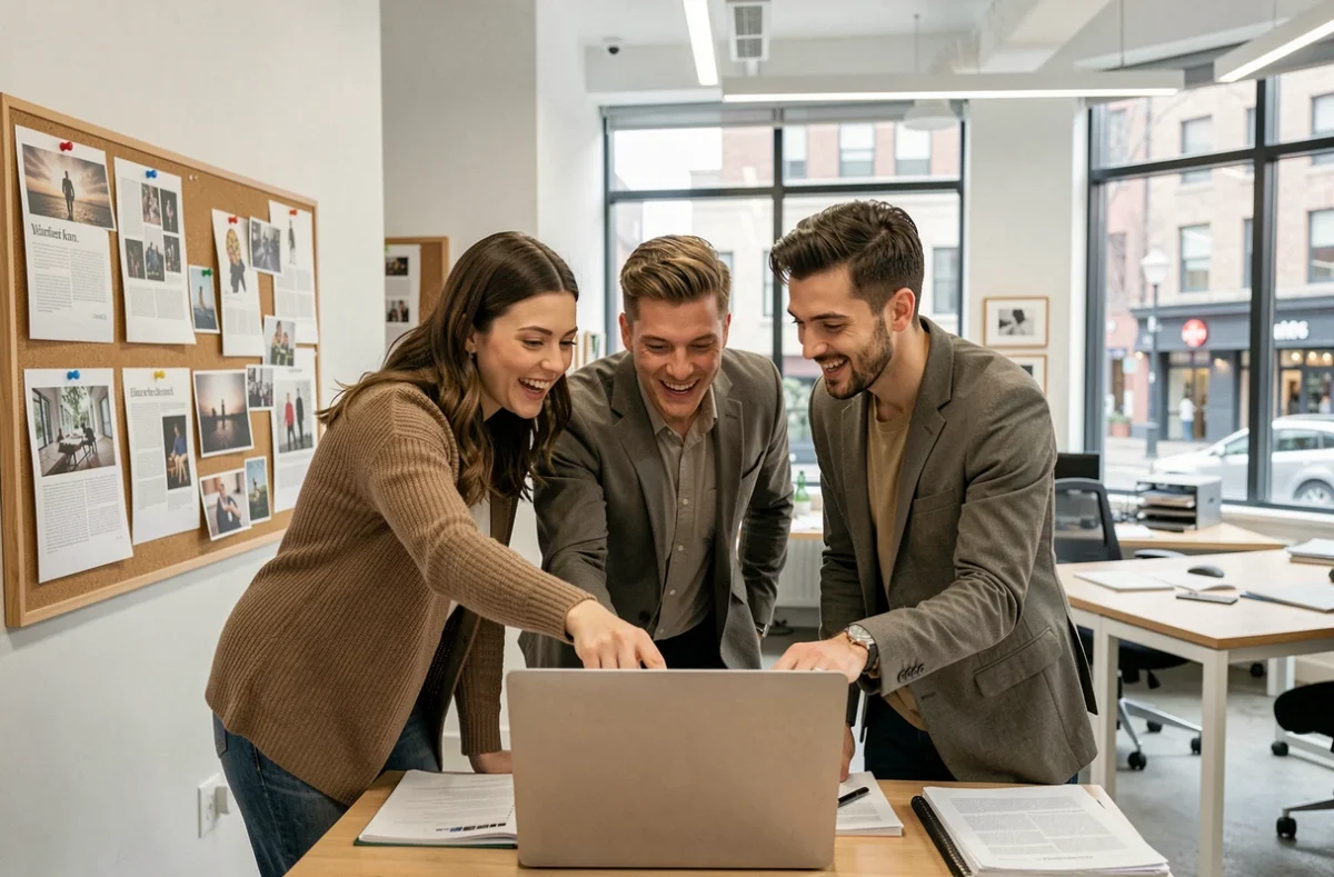 Équipe éditoriale discutant du contenu d'un média culturel en ligne dans un bureau moderne ouvert