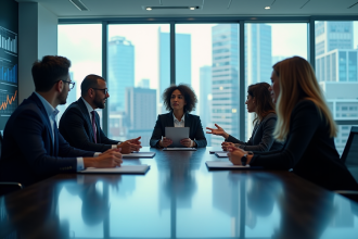 Groupe de professionnels en réunion dans un bureau moderne