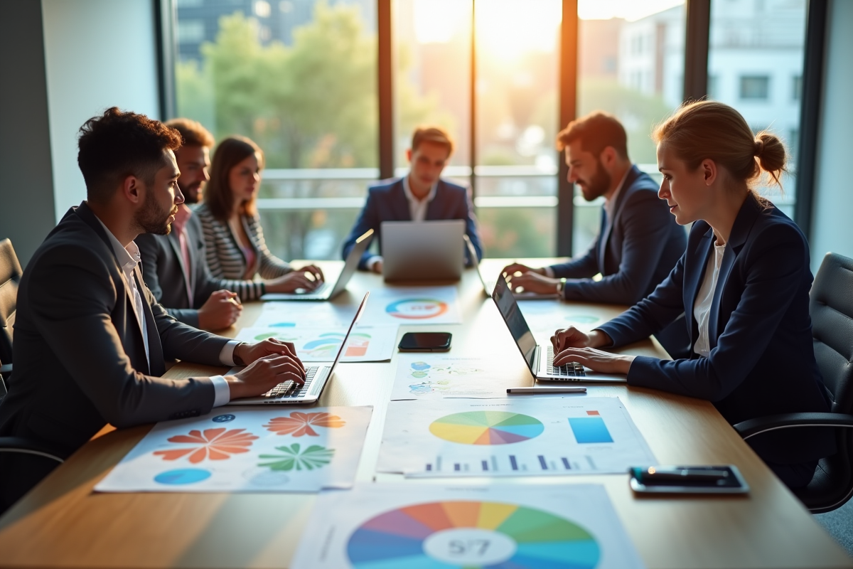 Groupe de professionnels en réunion avec diagrammes de stratégie