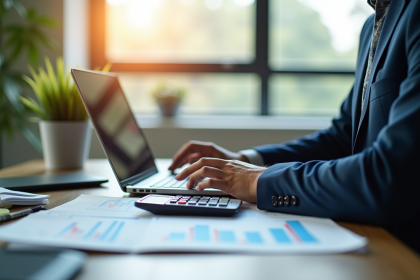 Espace de travail moderne avec un professionnel analysant des graphiques financiers