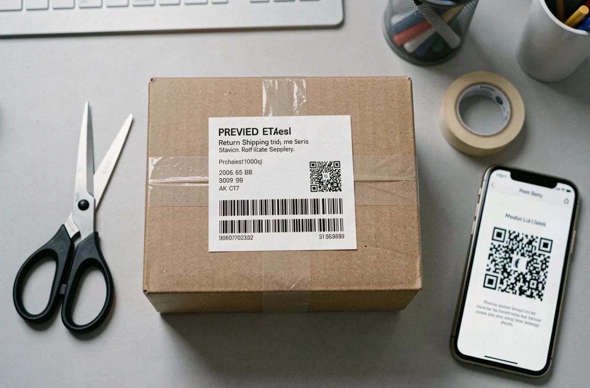Étiquette de retour prépayée La Poste imprimée sur un colis avec QR code et matériel d'emballage