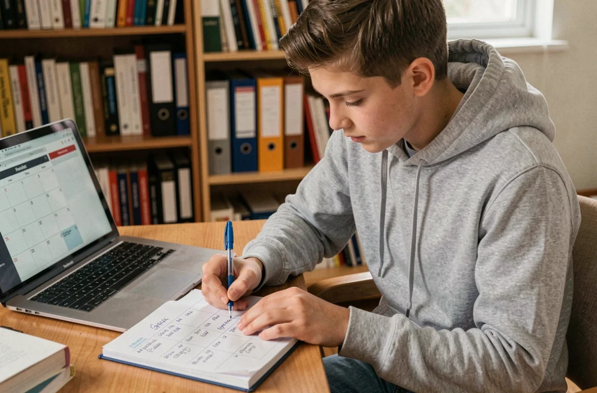 Adolescent consultant un agenda scolaire papier pour planifier les semaines paires et impaires du calendrier 2026