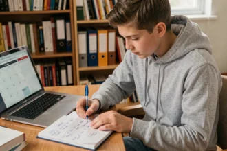 Adolescent consultant un agenda scolaire papier pour planifier les semaines paires et impaires du calendrier 2026