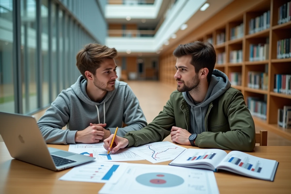 Deux étudiants en économie analysant des graphiques de dotation factorielle et de spécialisation commerciale dans une bibliothèque universitaire