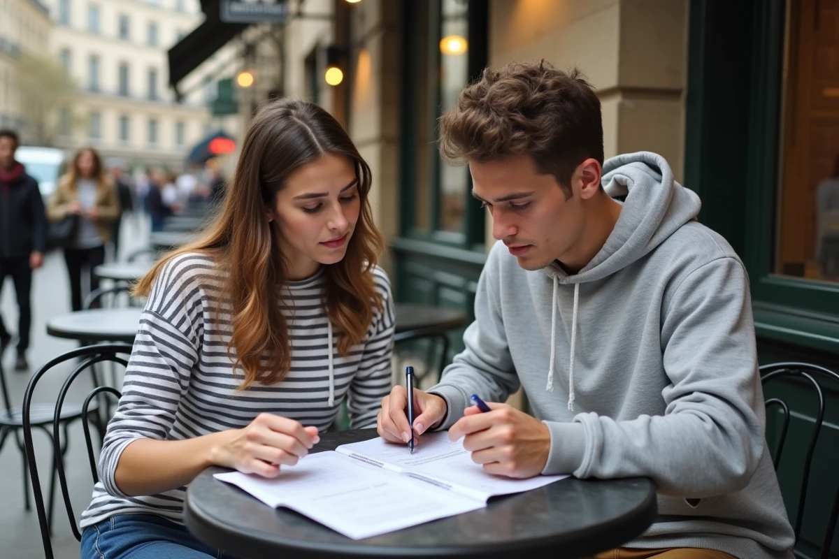 Deux étudiants révisant ensemble une fiche de grammaire française sur les démonstratifs dans un café parisien en terrasse